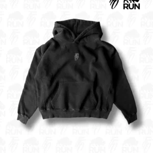 Black and white hoodie with 'RUN' branding on a light gray background